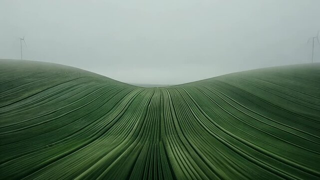 Misty green fields with soft hills and parallel lines create a calm and mysterious rural landscape