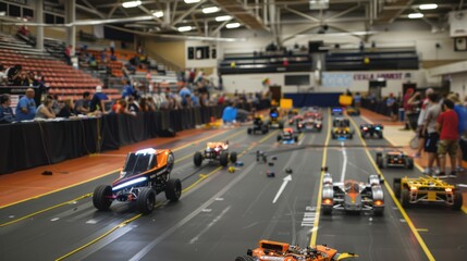 Remote-Controlled Cars Racing on a Track in a Large Indoor Venue