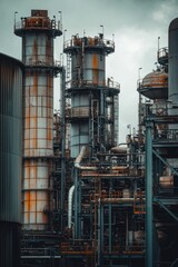 Obraz premium Tall industrial pipes and structures with an overcast sky in the background.