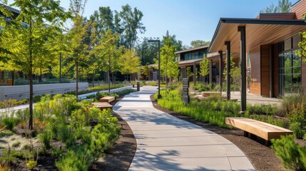 A Concrete Pathway Winding Through a Landscaped Courtyard with Modern Buildings