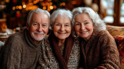 Fototapeta premium Older people celebrating thanksgiving day traditional family gathering indoors room home, festive background.