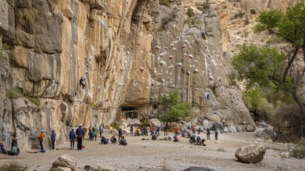 Rock Climbers Scaling a Tall Cliff Face with Colorful Holds