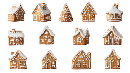 Gingerbread house home cake biscuit, white icing collection, many assorted different designs, mockup template for artwork design, isolated on white background