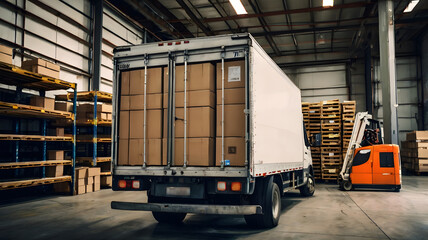 Cajas de entrega embaladas y cargadas en un camión grande fuera del almacén

