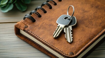 Two keys on a brown leather notebook with a ring on a wooden table.