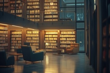 Cozy Modern Library Interior with Warm Lighting