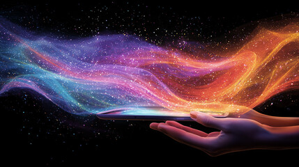 Seamless Tech Integration: Holographic Data Streams Surrounding a User with a Tablet for an Immersive Digital Experience