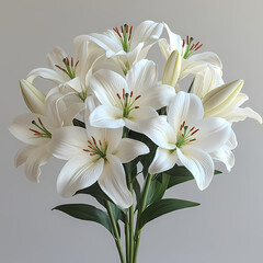 Obraz premium .A graceful bouquet of fresh lilies in soft white and pink tones, with long, elegant stems and lush green leaves.