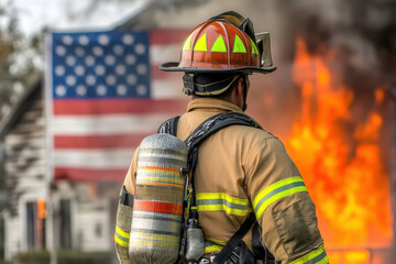 Fototapeta premium Firefighter in Uniform with American Flag and Flames in Background, High-Resolution Photo