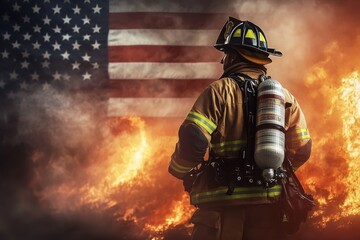 Fototapeta premium Firefighter in Uniform with American Flag and Flames in Background, High-Resolution Photo