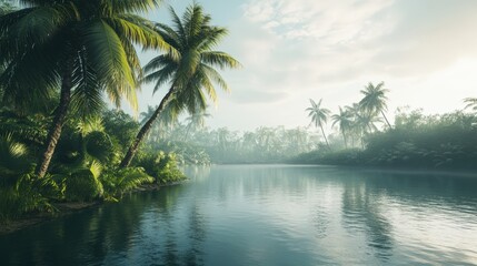 serene tropical lake surrounded by lush palm trees