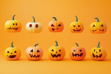 Colorful Halloween Pumpkins on Bright Orange Background