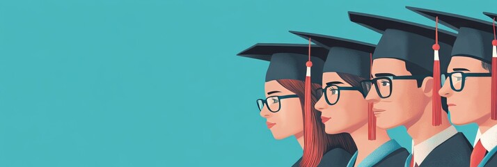 Obraz premium Graduates in caps and gowns lined up on blue background