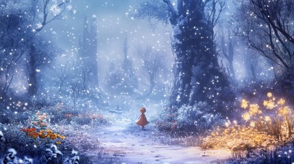 Fototapeta premium A lone girl in a red cloak walks through a snowy forest path, surrounded by glowing flowers and falling snow.
