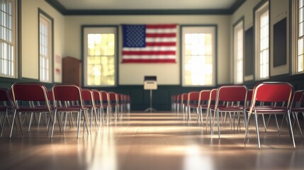 Empty Town Hall with American Flag, Red and White Chairs, Sunlit Scene, 3D Rendering