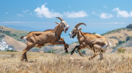 Fototapeta premium Two goats locked in a playful sparring match on a grassy hillside.