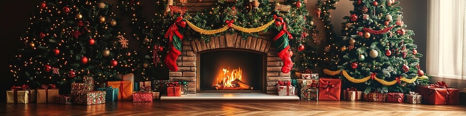 Cozy Christmas fireplace with gifts and decorations