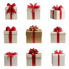Gift boxes with red ribbons, white isolate background