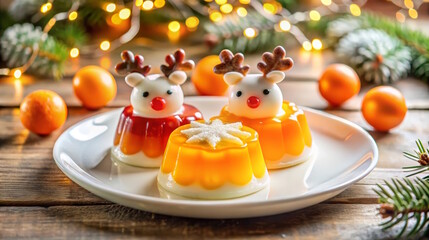Obraz premium Christmas jelly deer on white plate on festive blurred background. New Year jelly for kids menu
