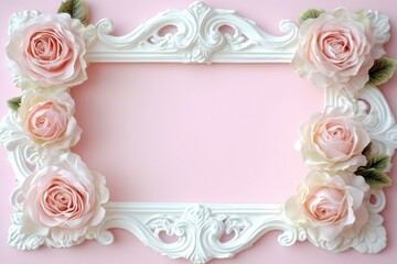 Elegant Frame with Soft Pink Roses on Pink Background