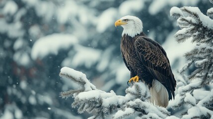 A bald eagle perched on a snowy tree, its feathers contrasting sharply with the winter landscape.