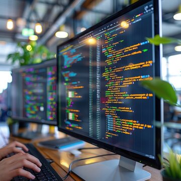 Detailed coding session at a modern workspace with vibrant screens displaying programming languages