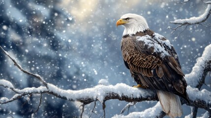 Obraz premium A bald eagle perched on a snowy tree, its feathers contrasting sharply with the winter landscape.