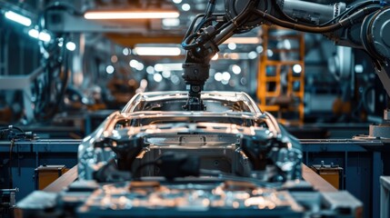 Fototapeta premium Robotic Arm Assembling Car Body in Factory
