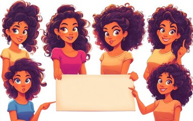 Obraz premium A collection of young beautiful women with curly hair, each holding and pointing to an empty blank board. They showcase different expressions such as excitement, curiosity