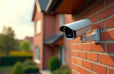 Security Camera on Brick Wall. A single white CCTV Camera mounted on a red brick wall a house. Capturing the essence of surveillance and safety in a photorealistic setting