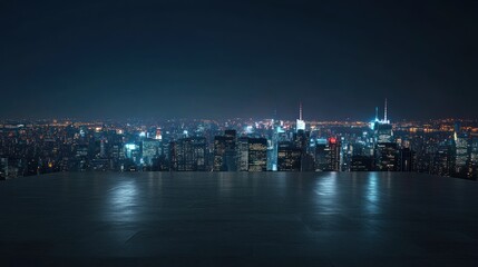 3D city skyline at night, viewed from an empty floor, showcasing the glowing urban lights.