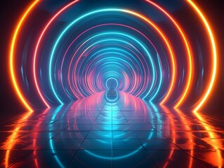 A striking tunnel illuminated by vibrant neon lights in blue and orange, creating an energetic atmosphere with glossy reflections on the floor.