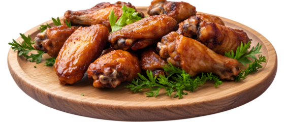 Roasted chicken wings on a wooden plate, isolated on a white transparent background