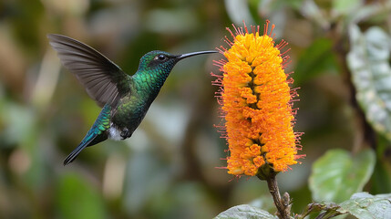 Fototapeta premium A close-up of a hummingbird hovering near a flower