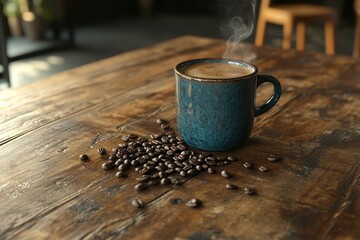 Steaming Coffee Cup on Rustic Wooden Table