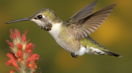 Fototapeta premium A close-up of a hummingbird hovering near a flower