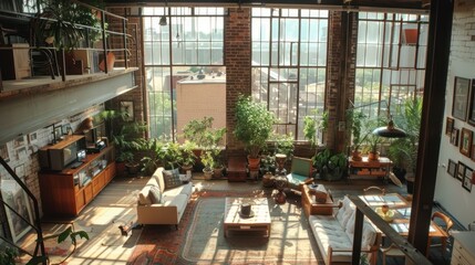 Fototapeta premium A Loft Apartment with Large Windows, Brick Walls, and Plants