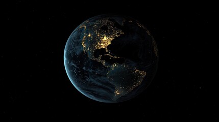 3D rendering of Earth with glowing city lights, highlighting the bustling urban areas of the world.