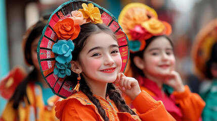 Fototapeta premium A whimsical scene of children dressed in imaginative costumes, playing and pretending in a colorful outdoor setting,