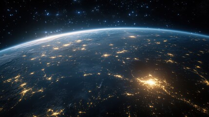 Fototapeta premium 3D view of Earth from space, with glowing grid lines and vibrant city lights illustrating urban life.