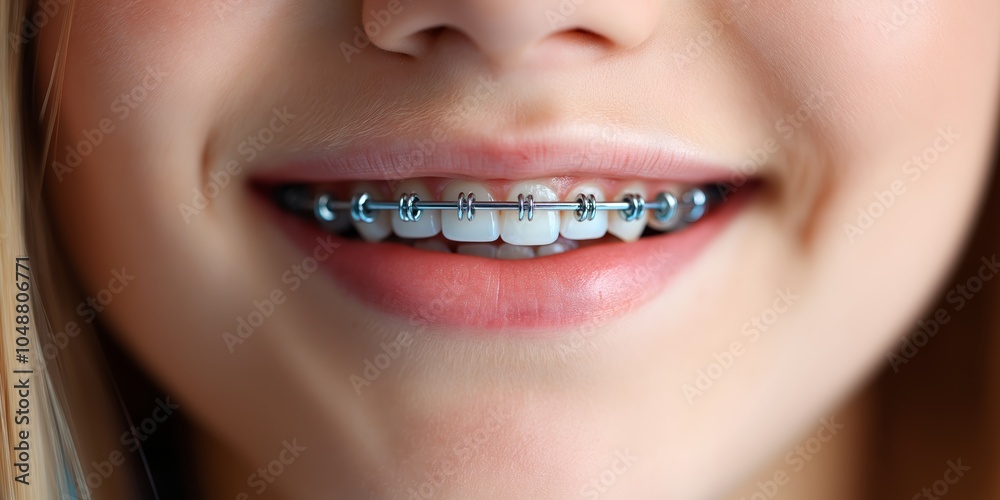 Wall mural close-up of a smiling young girl with braces, showcasing dental orthodontics for teeth alignment. br