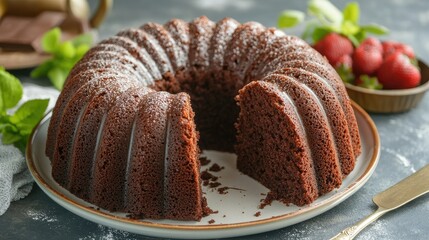 Freshly baked chocolate pound cake with a slice pulled away, revealing its soft, moist crumb, perfect for any occasion.