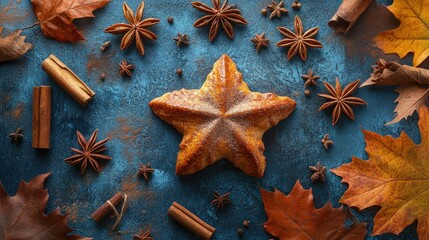 Fototapeta premium Freshly baked cinnamon star bread on a rustic blue surface, surrounded by autumn leaves and spices like cinnamon sticks and star anise