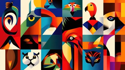 Abstract animals in color blocks, arranged in unique geometric patterns for a modern art style.