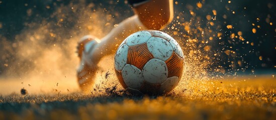 Close-up of a soccer ball being kicked on a field with a burst of dirt and dust.