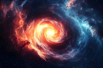 A mesmerizing spiral galaxy glows with vibrant hues of orange and blue, showcasing the beauty and mystery of the cosmos in a breathtaking cosmic display.