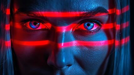 Intense close-up of a person’s face with neon red laser lines illuminating their piercing blue eyes, evoking themes of hacking, surveillance, and cyber intrusion, set against a dark backdrop