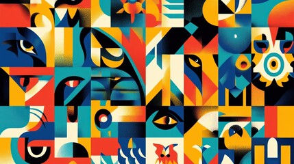 Obraz premium Abstract animal illustrations in blocky geometric patterns, creating a fun, colorful design.