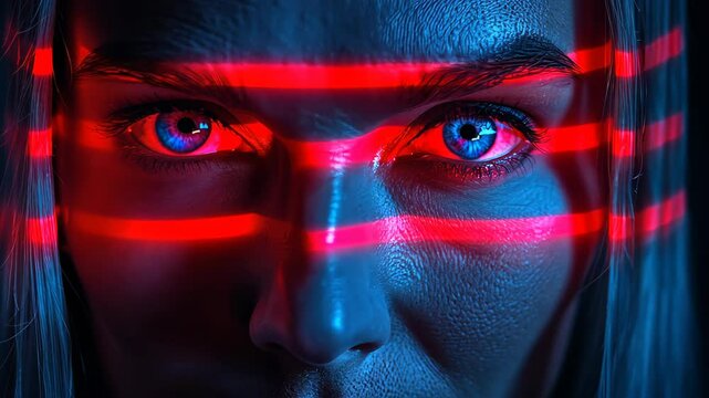 Intense close-up of a person’s face with neon red laser lines illuminating their piercing blue eyes, evoking themes of hacking, surveillance, and cyber intrusion, set against a dark backdrop