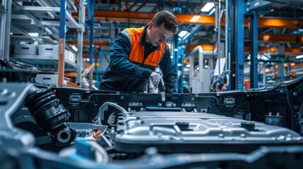 Naklejka premium Automotive Worker Assembling Car on Factory Line